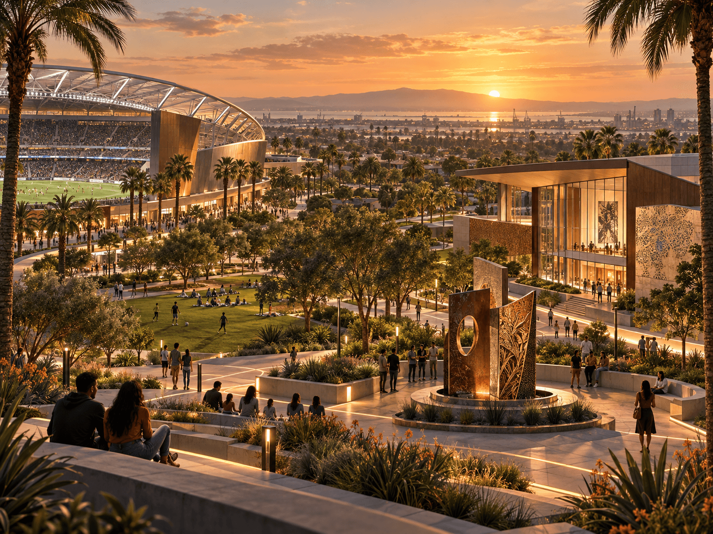 Imagined copper-lit stadium, university arts pavilion and community park at sunset. Concept collage, not an actual Carson city view.